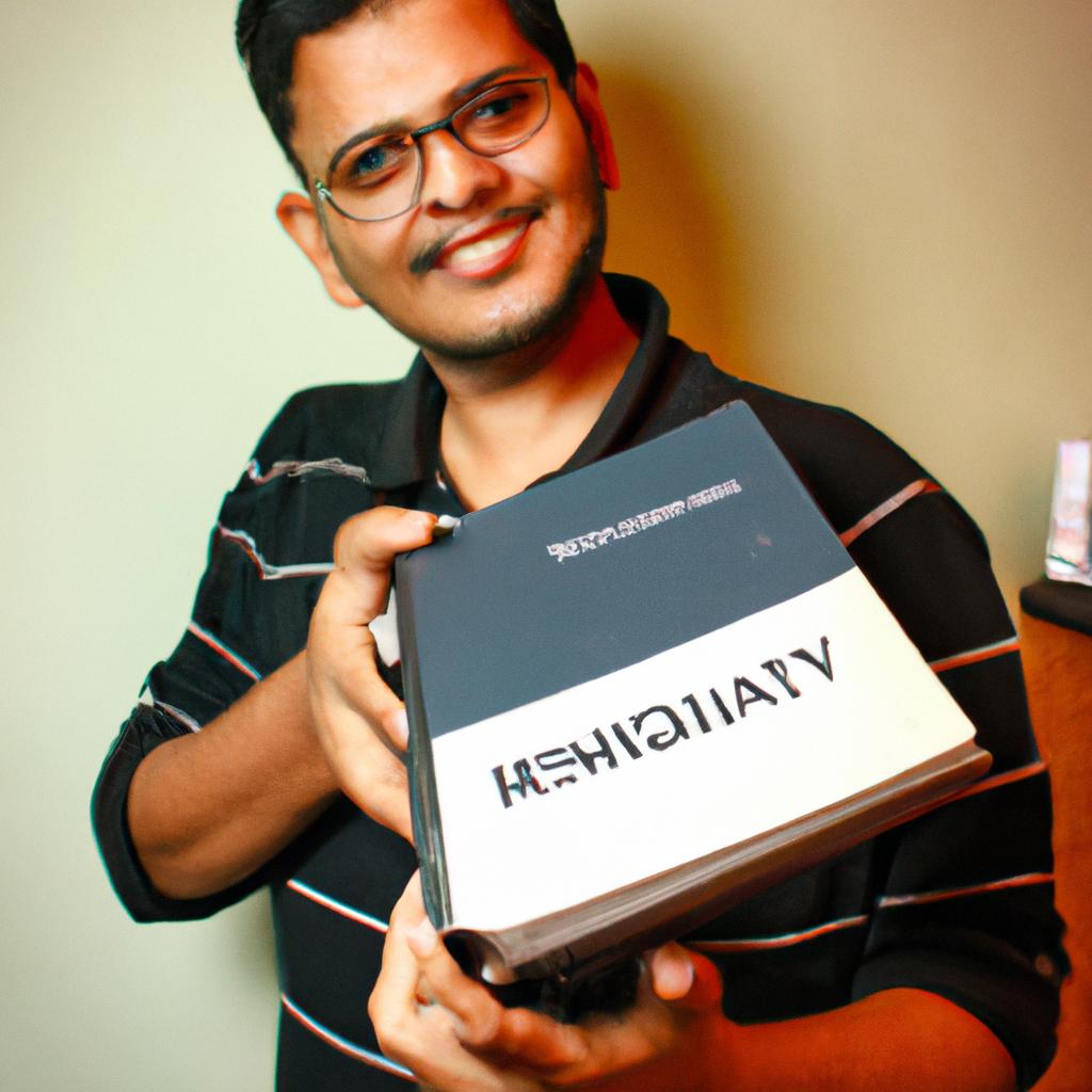 Person holding reference dictionary, smiling